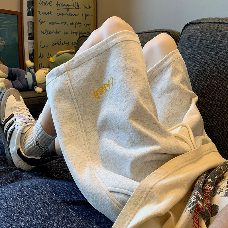 顶峰保罗 纯色简约百搭字母印花直筒五分裤美式复古潮牌宽松小众高街痞帅舒适休闲短裤 男女同款