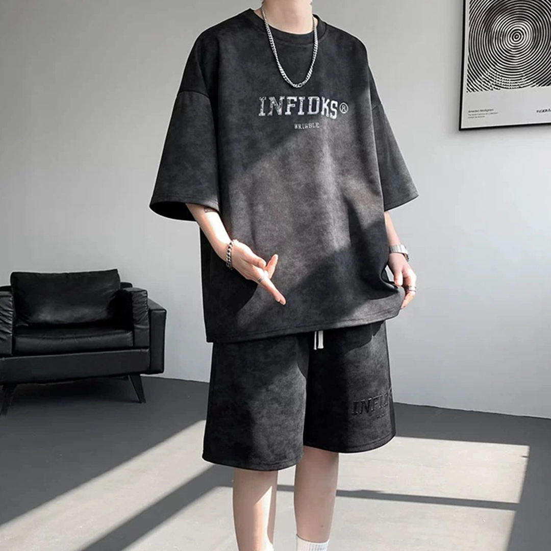 顶峰保罗 美式复古时尚亲肤柔软短袖上衣宽松潮流简约舒适短裤休闲运动套装 男女同款