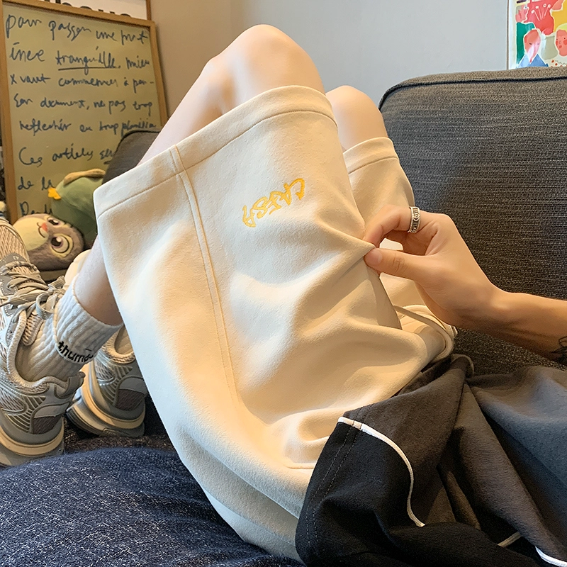 顶峰保罗 纯色简约百搭字母印花直筒五分裤美式复古潮牌宽松小众高街痞帅舒适休闲短裤 男女同款