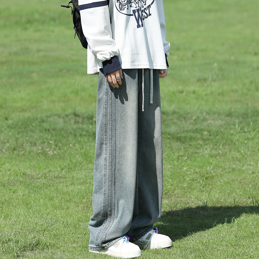 顶峰保罗 美式复古高街潮牌宽松直筒牛仔裤 男女同款