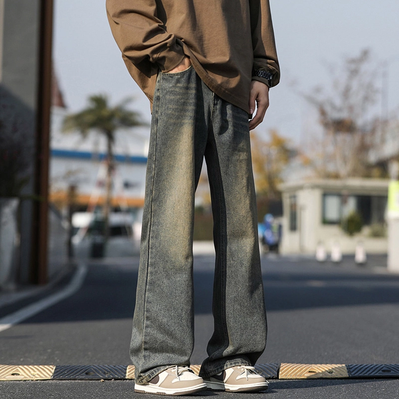 顶峰保罗 美式高街撞色直筒阔腿水洗做旧潮牌复古宽松高级感透气百搭休闲长裤牛仔裤 男女同款