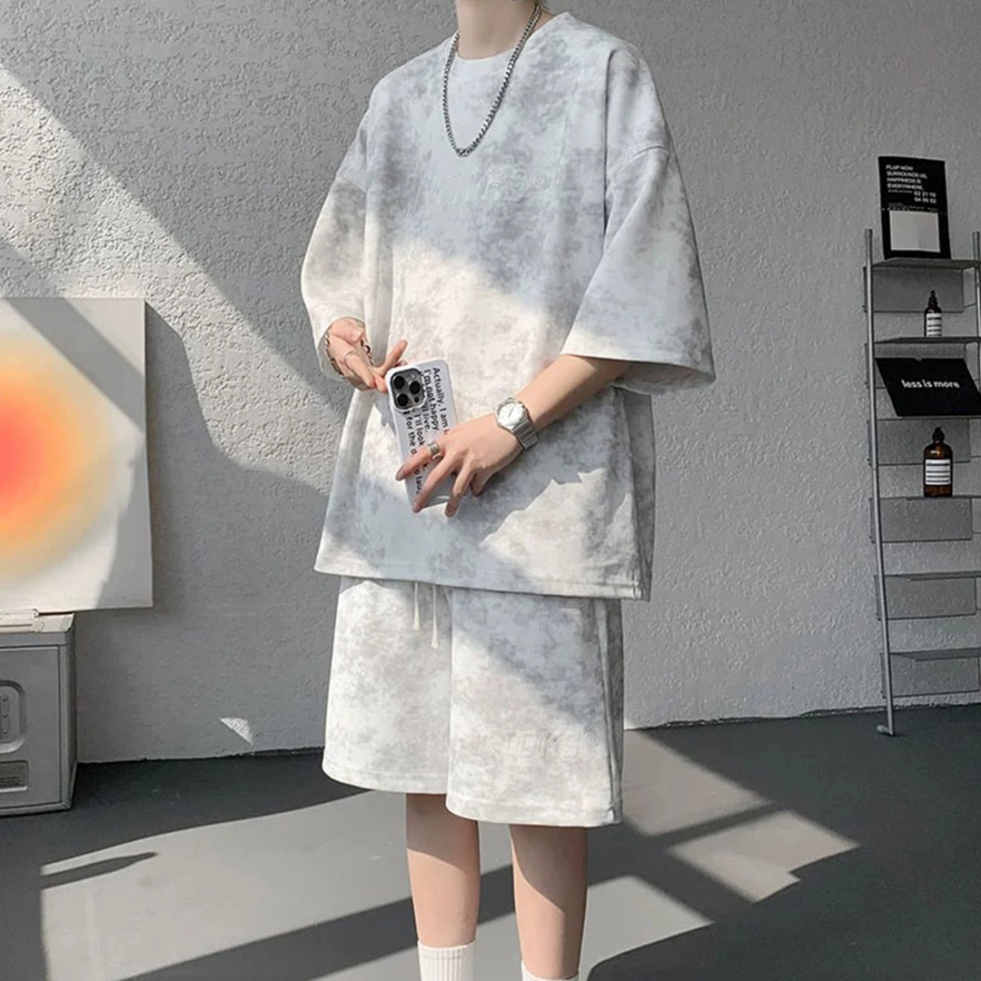 顶峰保罗 美式复古时尚亲肤柔软短袖上衣宽松潮流简约舒适短裤休闲运动套装 男女同款