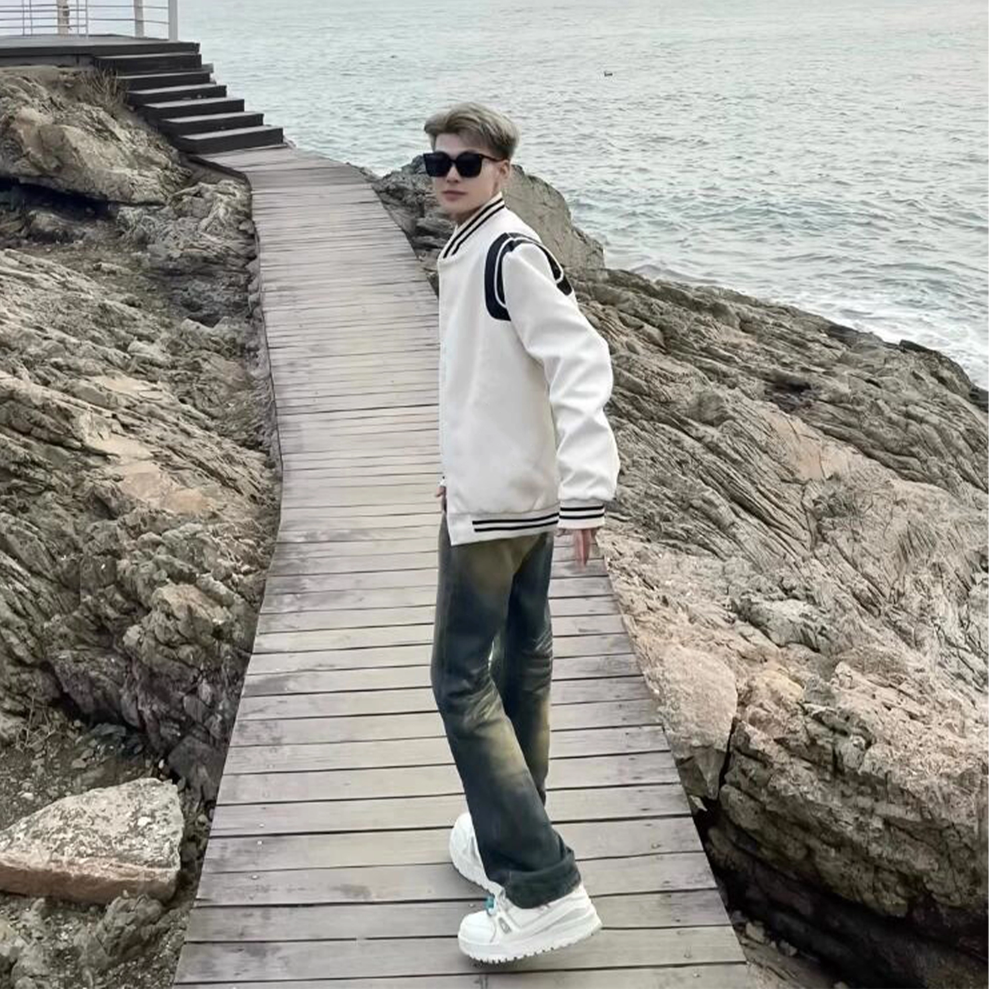 寻星记 美式高街复古拼接撞色拉链开衫棒球服无性别主义休闲宽松重磅基础款百搭落肩长袖简约宽松舒适学院风飞行服夹克外套 男女同款