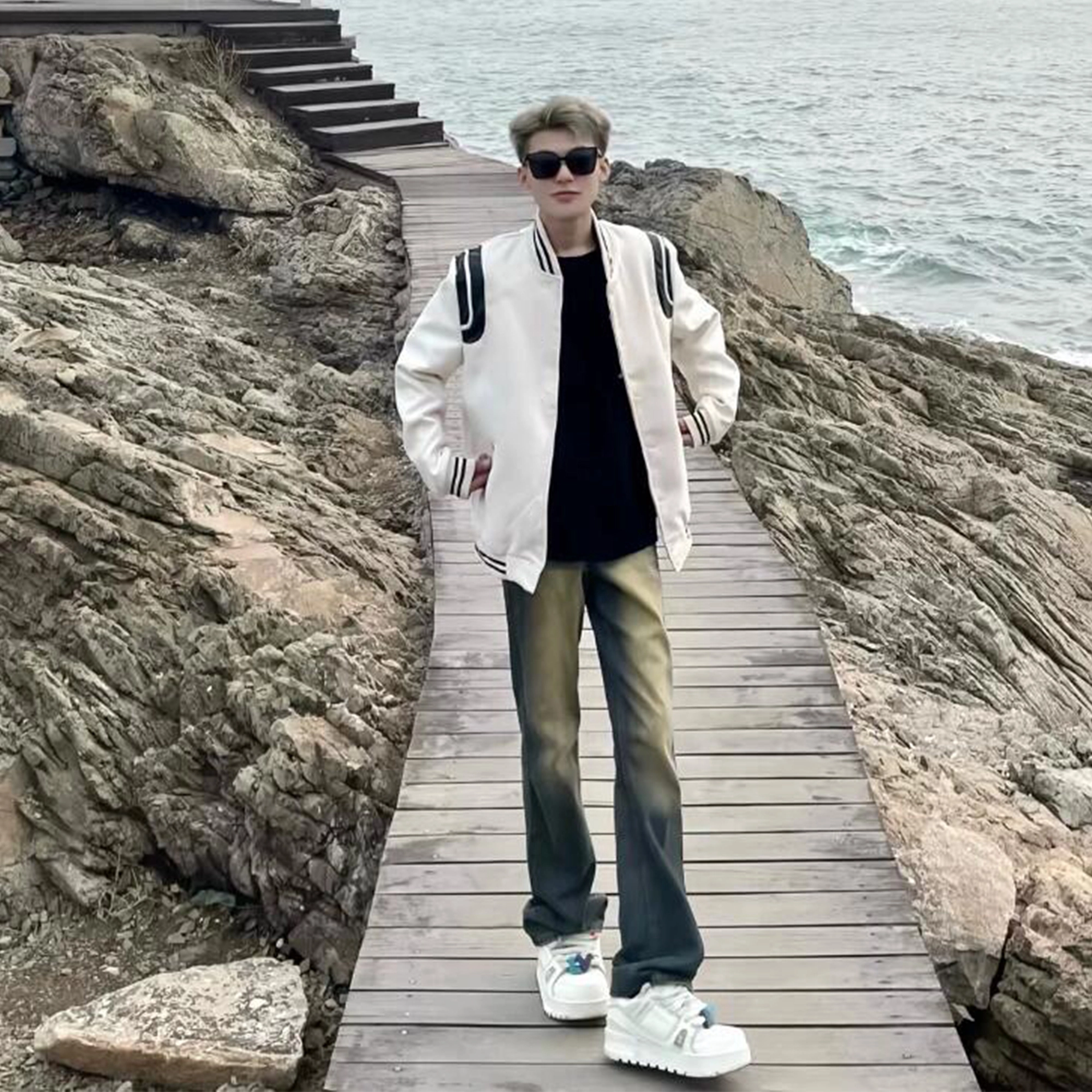 寻星记 美式高街复古拼接撞色拉链开衫棒球服无性别主义休闲宽松重磅基础款百搭落肩长袖简约宽松舒适学院风飞行服夹克外套 男女同款