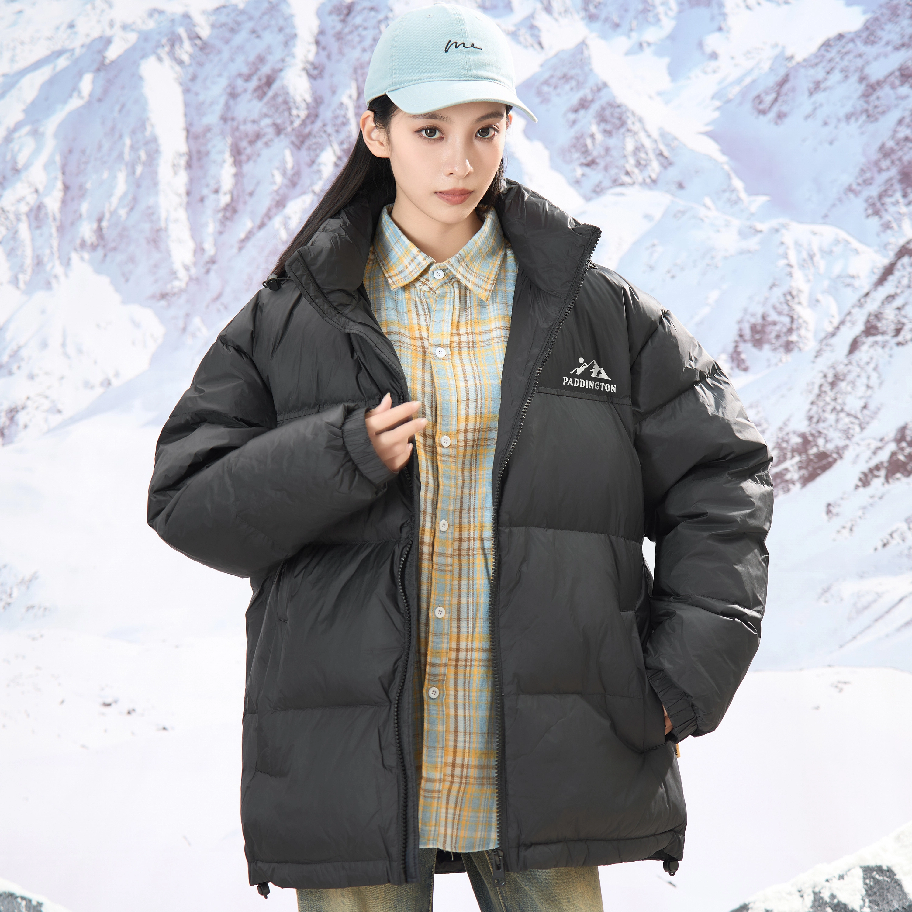 帕丁顿熊 基础款雪山印花拼接休闲宽松可拆卸连帽防风外套防寒保暖加厚鹅绒羽绒服 男女同款