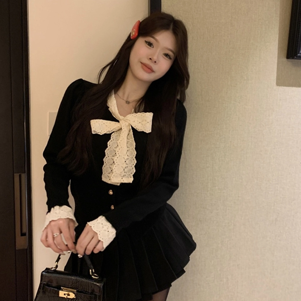 玉儿恋 韩版蕾丝蝴蝶结设计感收腰短款长袖针织衫 女款