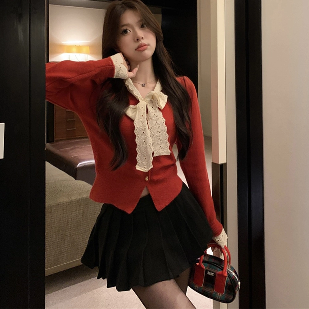 玉儿恋 韩版蕾丝蝴蝶结设计感收腰短款长袖针织衫 女款