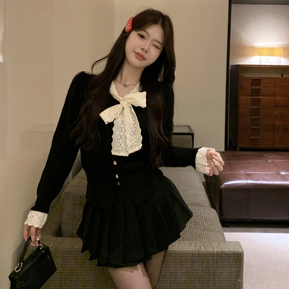 玉儿恋 韩版蕾丝蝴蝶结设计感收腰短款长袖针织衫 女款