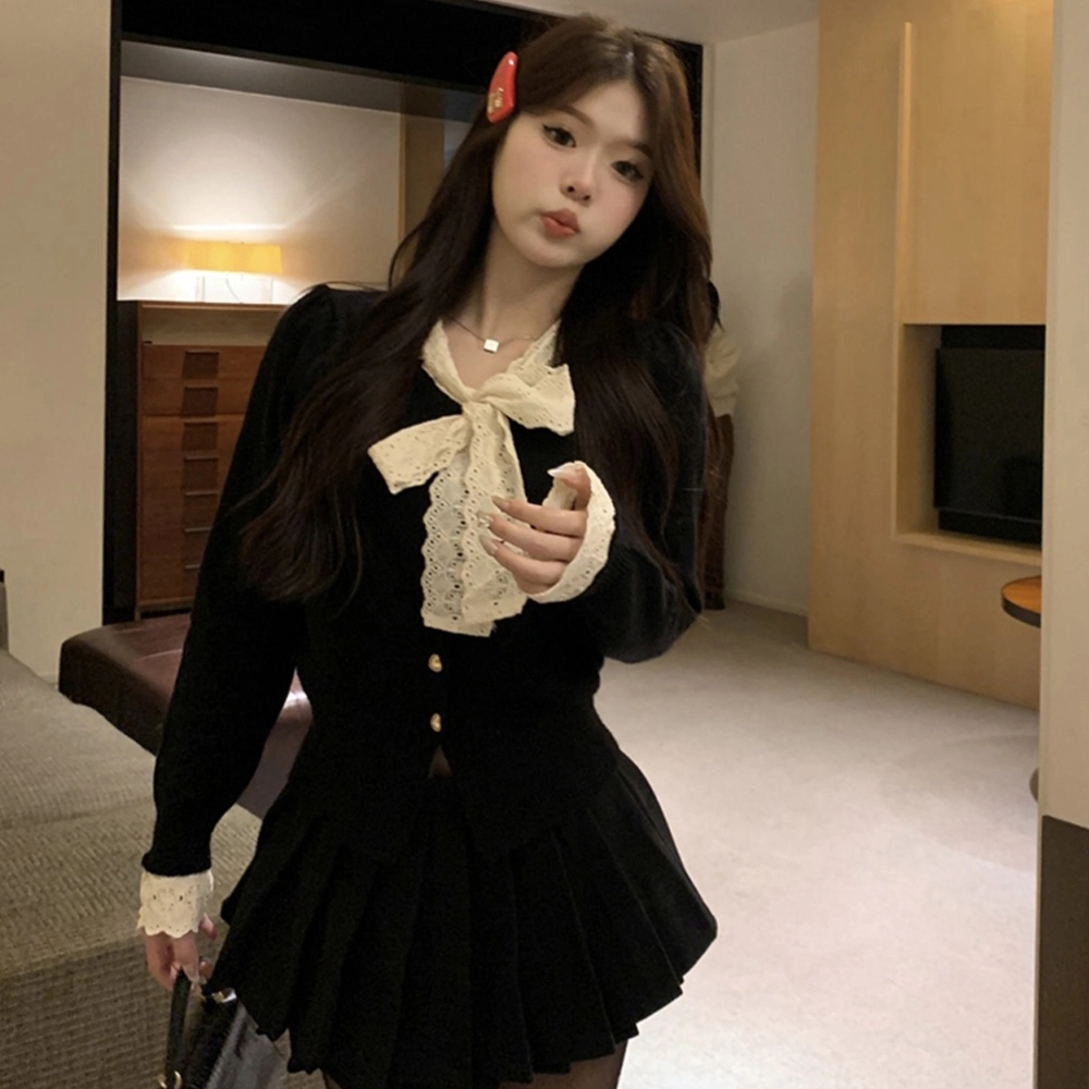 玉儿恋 韩版蕾丝蝴蝶结设计感收腰短款长袖针织衫 女款