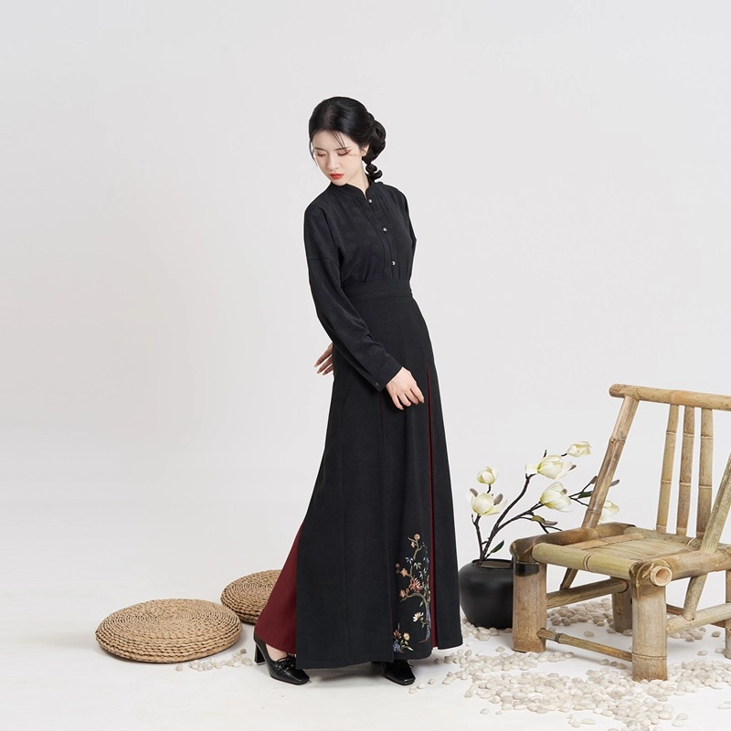 朝花锦蝶织造司原创宋制汉服灯芯绒对襟长袄立领衬衫女改良三裥裙