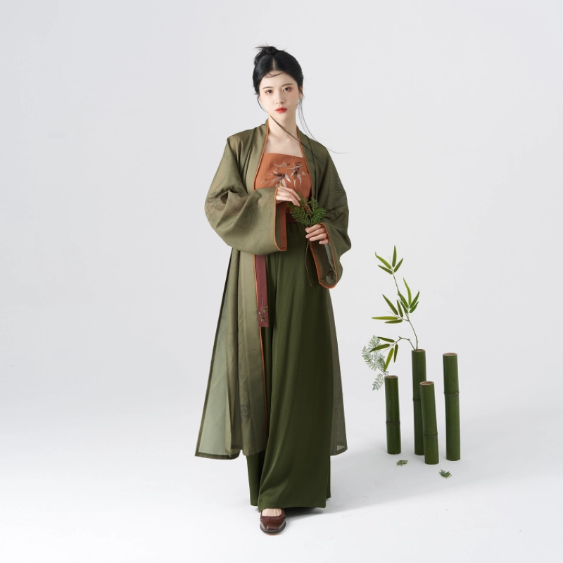 竹镜织造司原创宋制汉服织罗长褙子竹叶撞色绣花吊带改良全松紧腰宋裤