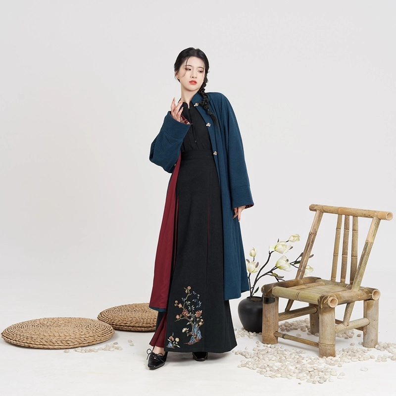 朝花锦蝶织造司原创宋制汉服灯芯绒对襟长袄立领衬衫女改良三裥裙