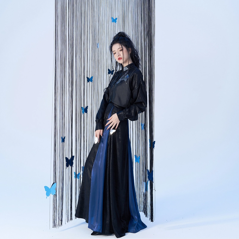 织造司 原创唐制蝴蝶织金改良立领上衣唐褙子发光缎破裙汉服 女款