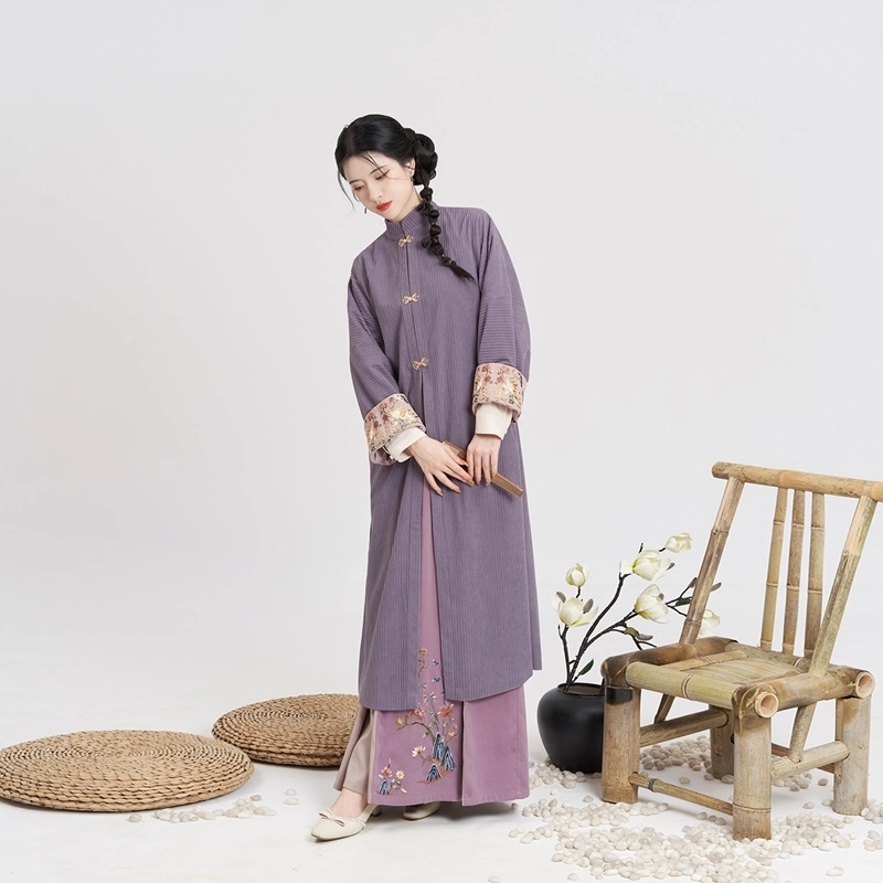 朝花锦蝶织造司原创宋制汉服灯芯绒对襟长袄立领衬衫女改良三裥裙