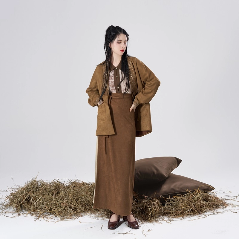 都市游牧织造司原创宋制汉服麂皮绒绣花外套水墨印花衬衫改良旋裙