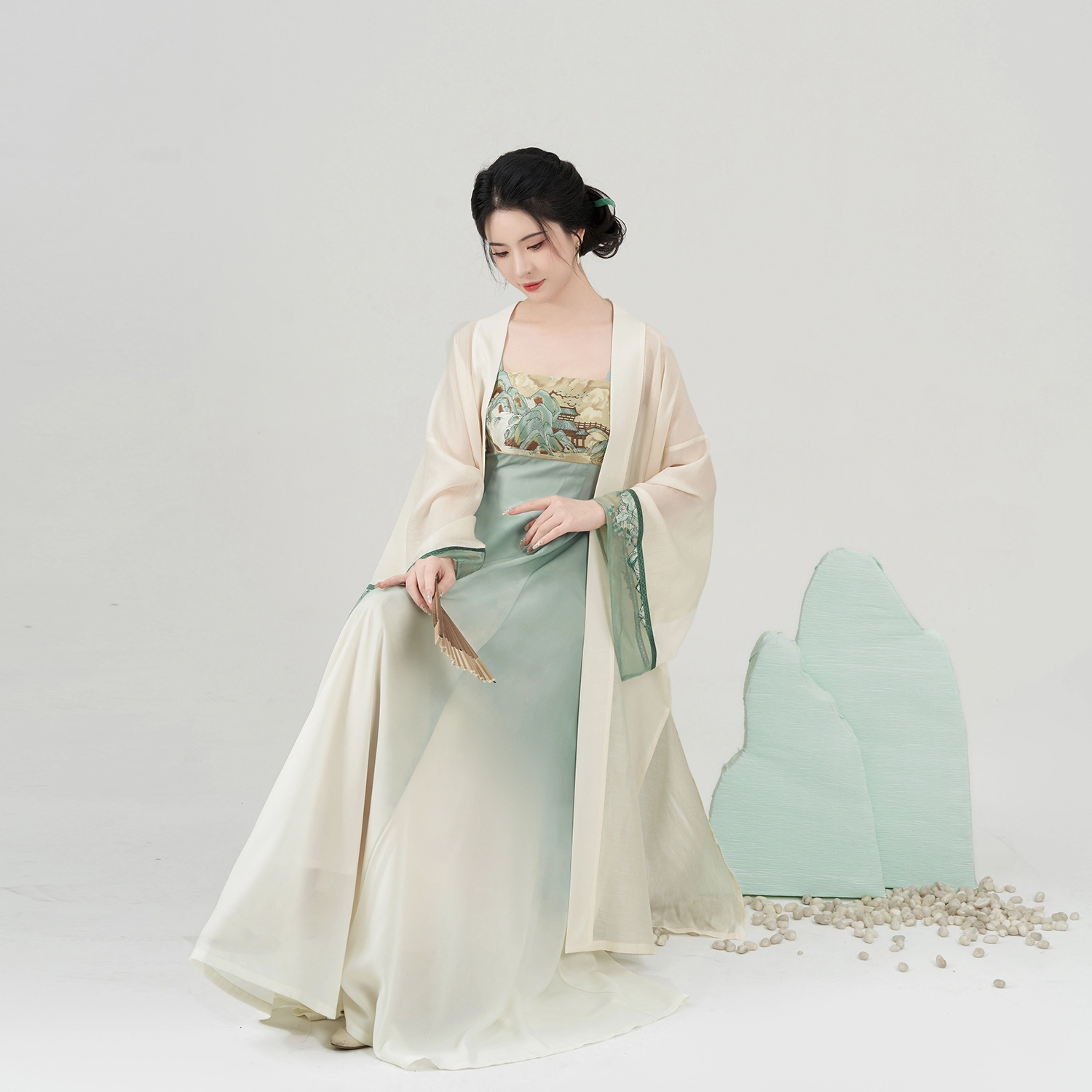 织造司 清透自然渐变水墨晕染刺绣新中式连衣裙汉服 女款