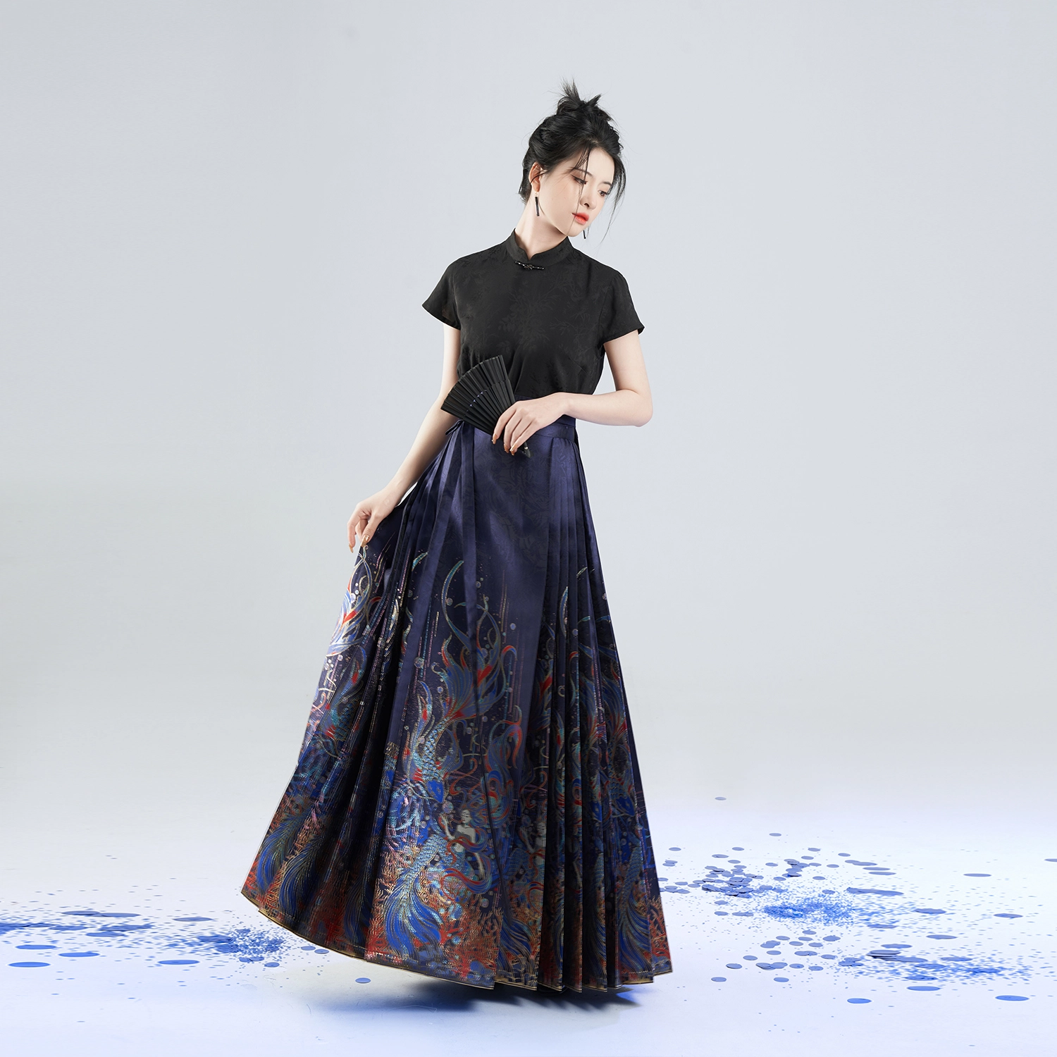 与鲛和颂织造司原创明制马面裙汉服配轻奢高级感暗纹提花短袖上衣