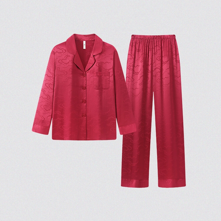 潞优野 高端品质情侣长袖冰丝轻奢休闲舒适暗纹新婚家居服男春秋款睡衣套装 男款
