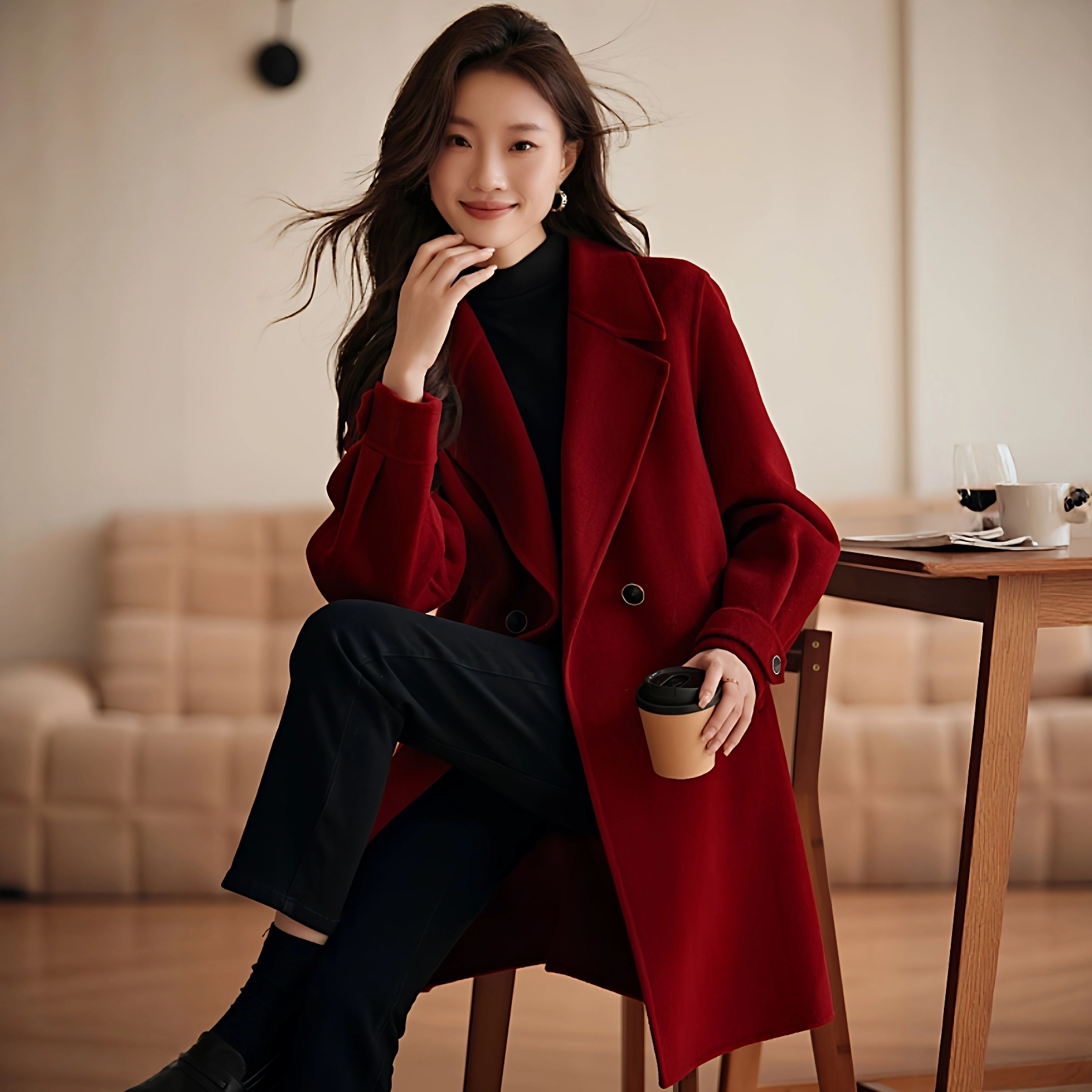 潞优野 秋季简约设计女中长款宽松羊毛大衣 女款