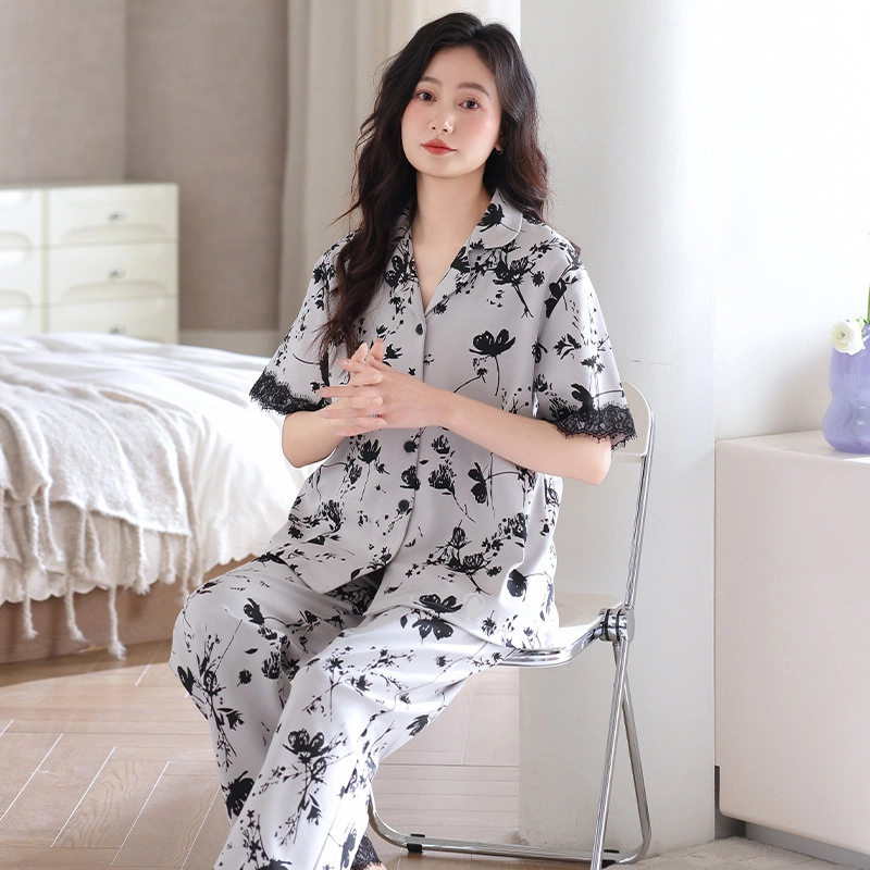 潞优野 亲肤简约短袖长裤开衫家居服睡衣套装 女款