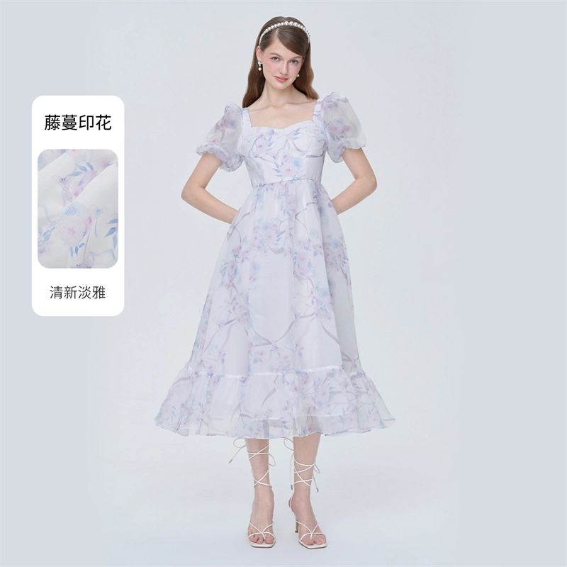 印花方领满印高腰泡泡 粉紫印花短袖连衣裙 女款