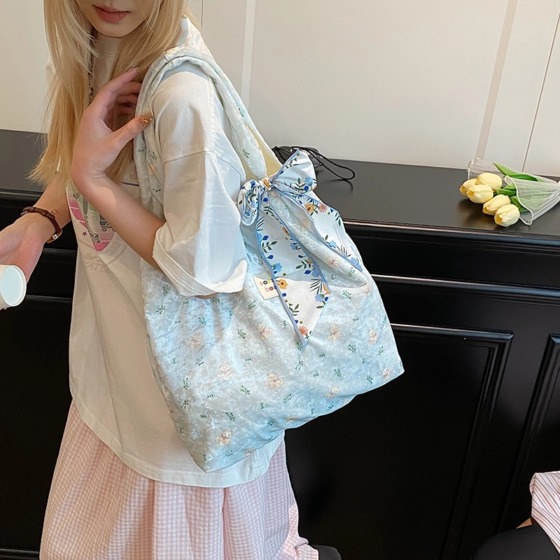 布依诺 小清新碎花韩系慵懒风时尚百搭 针织布 单肩包 女款 米色/白色/粉色/蓝色