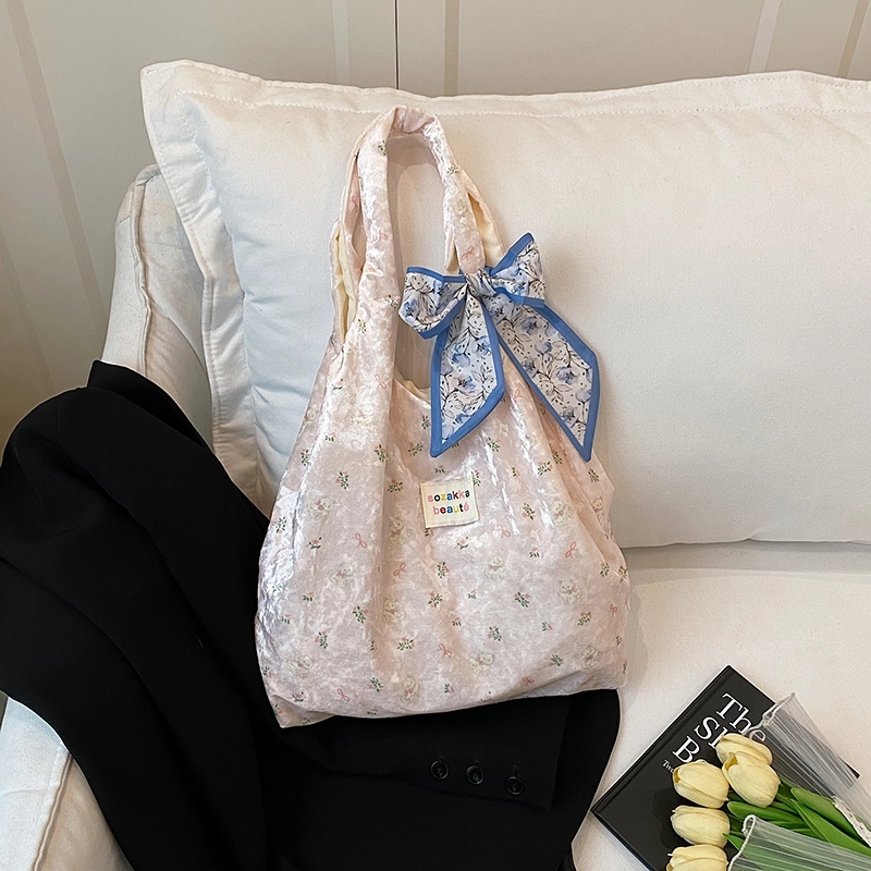 布依诺 小清新碎花韩系慵懒风时尚百搭 针织布 单肩包 女款 米色/白色/粉色/蓝色