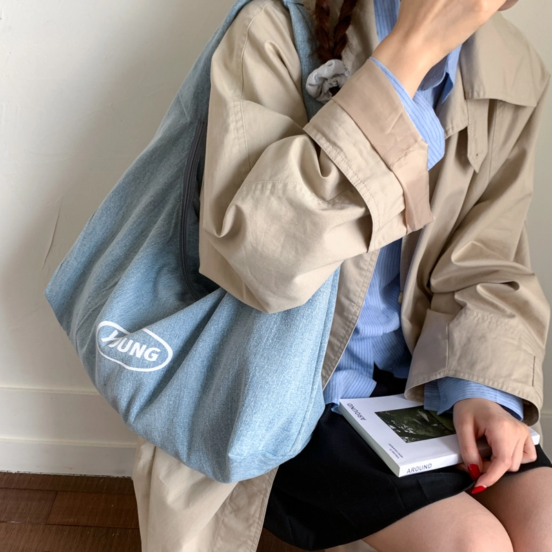 布依诺 复古质感做旧学院风 牛仔布 腋下单肩包 女款 蓝色/黑色