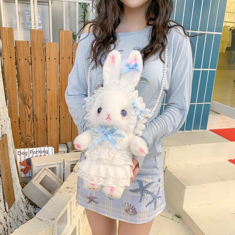 布依诺 可爱洛丽塔垂耳兔软萌蝴蝶结珍珠少女心 毛料 单肩包 女款 粉红色