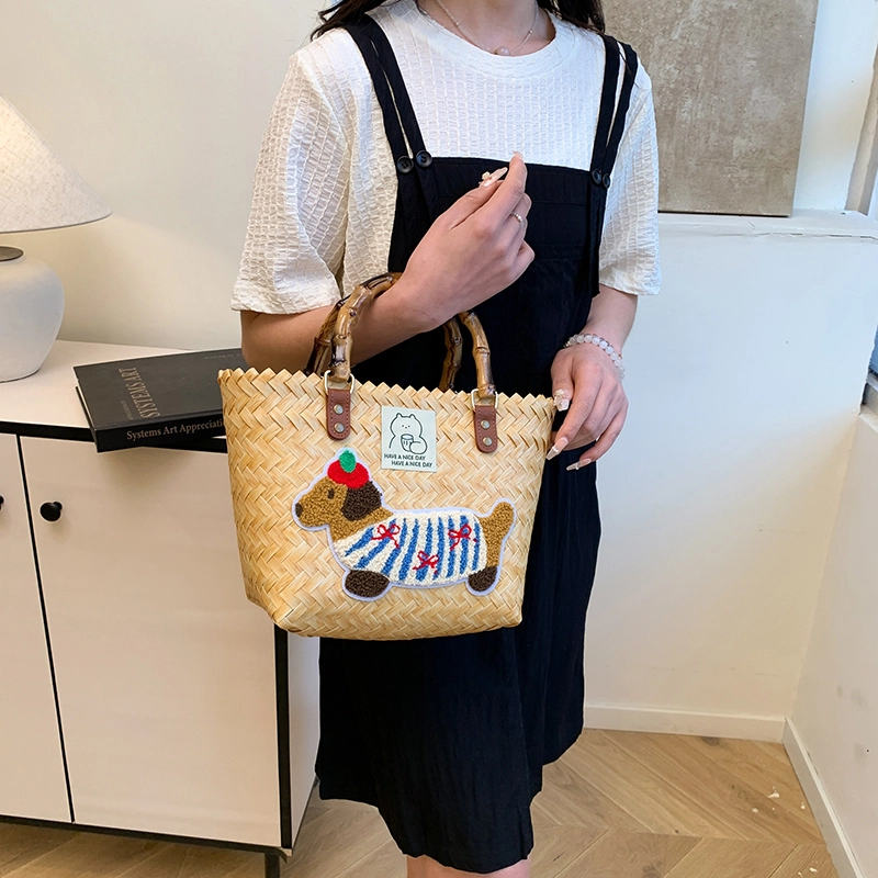 布依诺 腊肠狗复古通勤度假风竹节百搭 编织 菜篮子包手提包 女款 卡其色/棕色/彩色