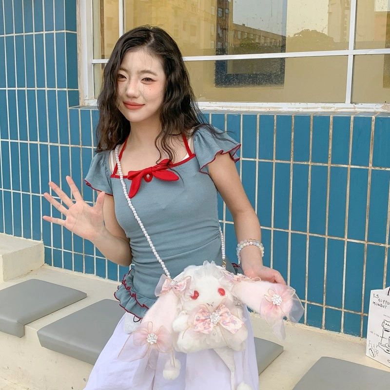 布依诺 可爱洛丽塔垂耳兔软萌蝴蝶结珍珠少女心 毛料 单肩包 女款 粉红色