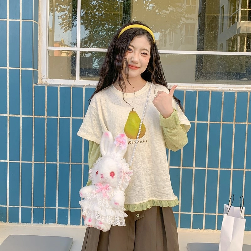 布依诺 可爱洛丽塔垂耳兔软萌蝴蝶结珍珠少女心 毛料 单肩包 女款 粉红色