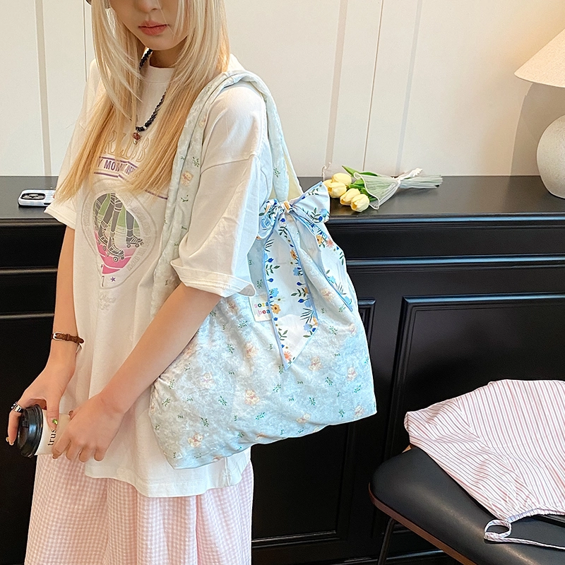 布依诺 小清新碎花韩系慵懒风时尚百搭 针织布 单肩包 女款 米色/白色/粉色/蓝色