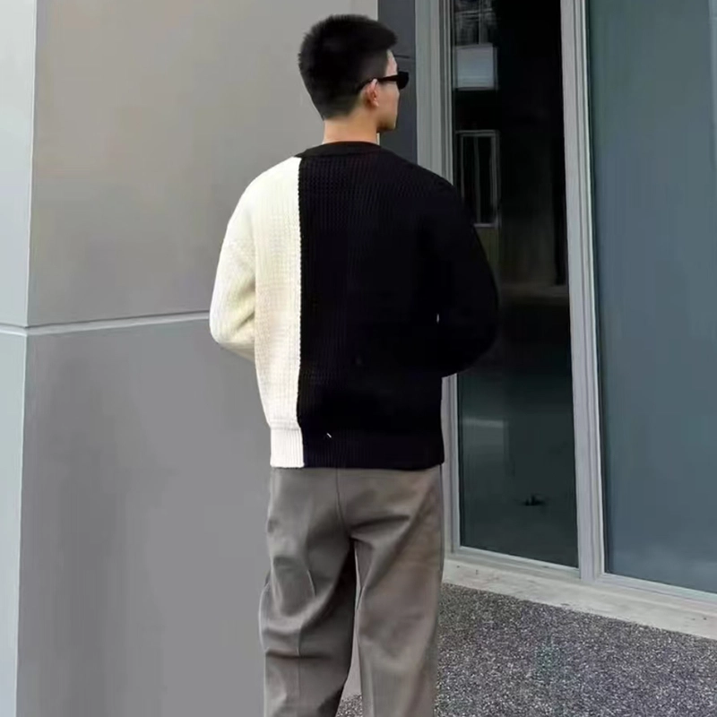 捷帕 美式复古撞色拼接圆领套头落肩长袖上衣外穿内搭保暖舒适宽松大码韩系高街港风潮流针织衫 男女同款
