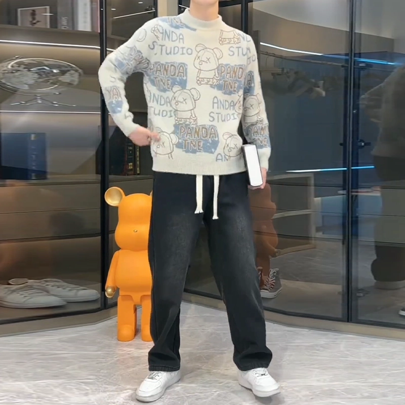 捷帕 韩系潮流时尚小熊字母印花保暖舒适长袖打底衫圆领套头仿水貂绒毛衣学生青年简约百搭帅气针织衫 男女同款
