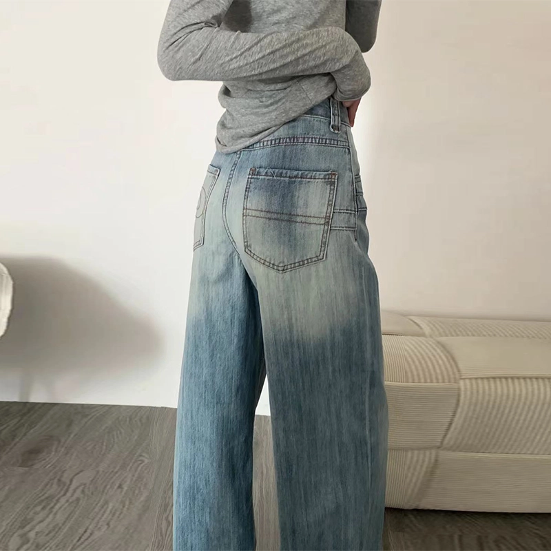 捷帕 美式高街刺绣绣花水洗复古宽松高腰显瘦百搭直筒垂感拖地褶皱时尚潮流简约日常休闲通勤牛仔裤 女款
