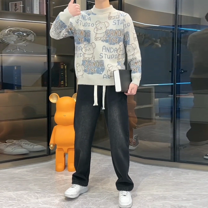捷帕 韩系潮流时尚小熊字母印花保暖舒适长袖打底衫圆领套头仿水貂绒毛衣学生青年简约百搭帅气针织衫 男女同款