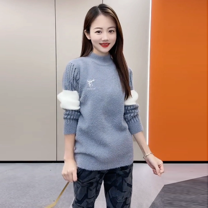 捷帕 韩系时尚保暖舒适条纹拼色仿水貂绒长袖毛线打底衫美式潮牌圆领套头情侣休闲通勤简约百搭针织衫 男女同款
