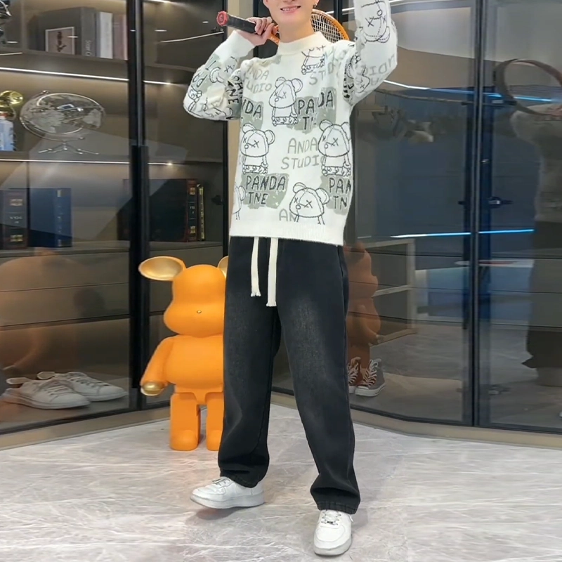 捷帕 韩系潮流时尚小熊字母印花保暖舒适长袖打底衫圆领套头仿水貂绒毛衣学生青年简约百搭帅气针织衫 男女同款