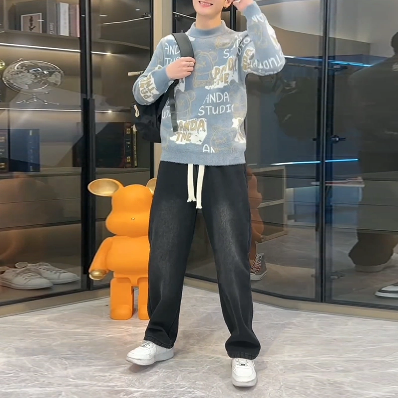 捷帕 韩系潮流时尚小熊字母印花保暖舒适长袖打底衫圆领套头仿水貂绒毛衣学生青年简约百搭帅气针织衫 男女同款