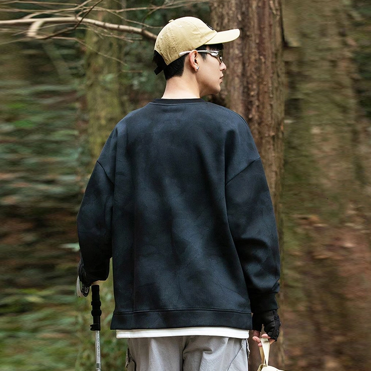 捷帕 美式复古假两件圆领落肩长袖重磅扎染脏脏色百搭打底衫上衣学生休闲通勤套头潮牌卫衣 男女同款