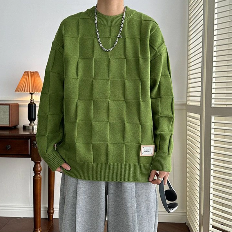 捷帕 简约时尚纯色百搭方格长袖打底衫圆领套头宽松舒适韩系潮流学生青年日常休闲针织衫 男女同款