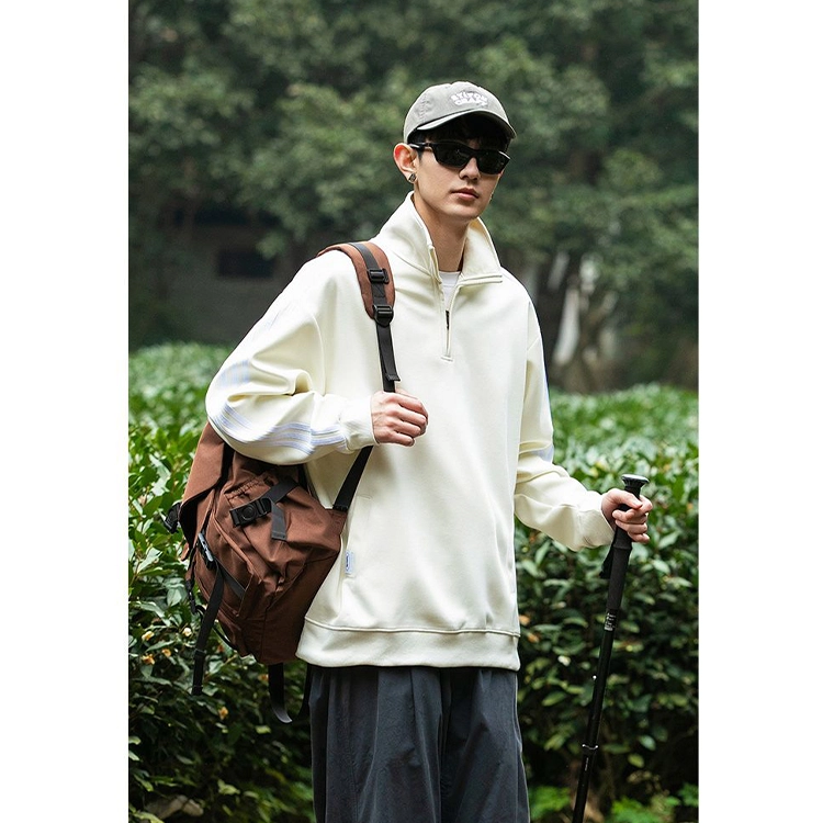捷帕 美式高街半拉链立领学院风潮牌宽松休闲百搭三条杆撞色拼接简约基础款重磅套头卫衣 男女同款