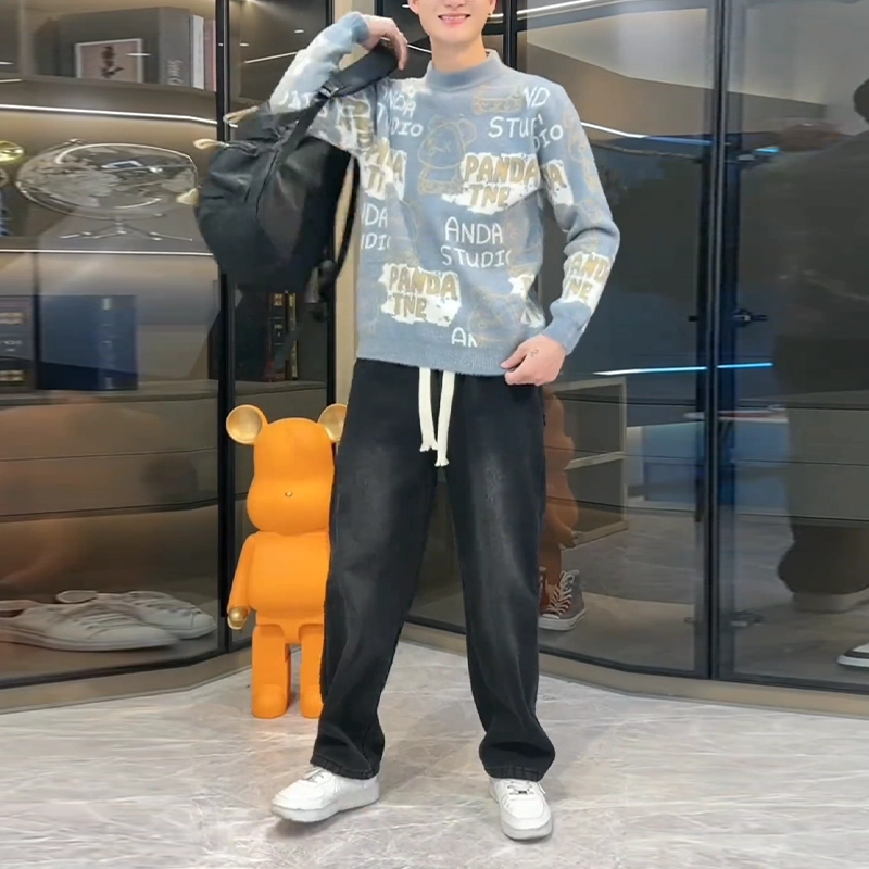 捷帕 韩系潮流时尚小熊字母印花保暖舒适长袖打底衫圆领套头仿水貂绒毛衣学生青年简约百搭帅气针织衫 男女同款