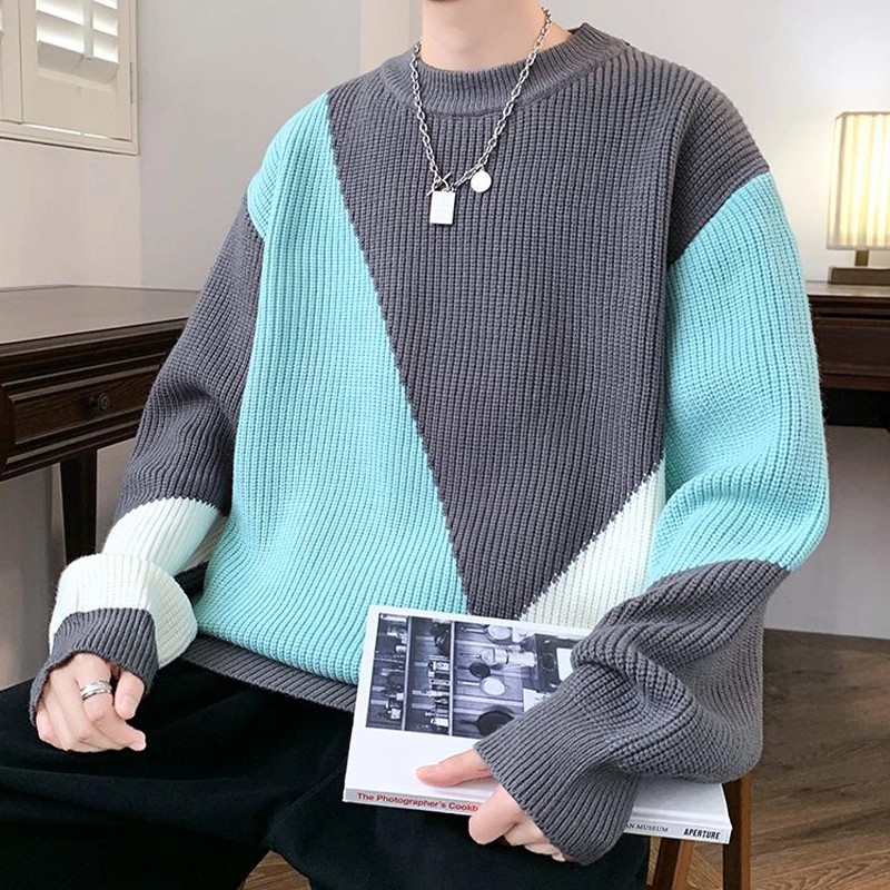 捷帕 韩系时尚潮流撞色拼接加厚保暖长袖毛衣圆领套头宽松大码打底衫学生青年休闲百搭针织衫 男女同款