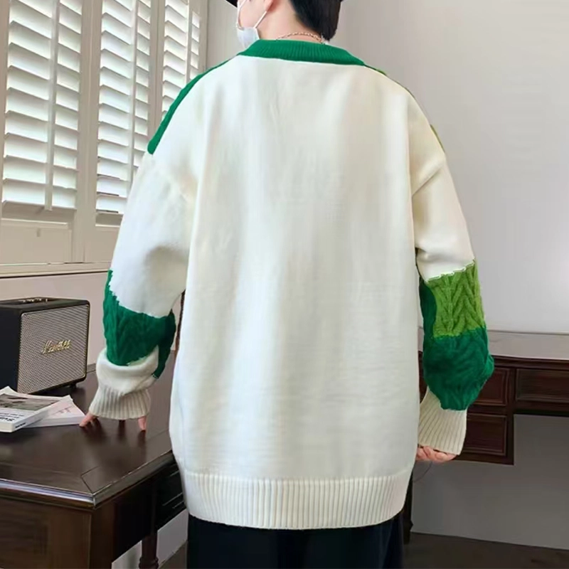 捷帕 保暖加厚时尚潮流撞色拼接圆领套头宽松大码长袖毛衣舒适打底衫学生青年日常休闲百搭针织衫 男女同款