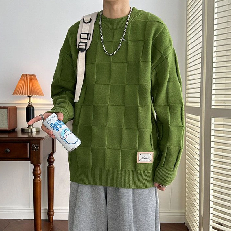 捷帕 简约时尚纯色百搭方格长袖打底衫圆领套头宽松舒适韩系潮流学生青年日常休闲针织衫 男女同款