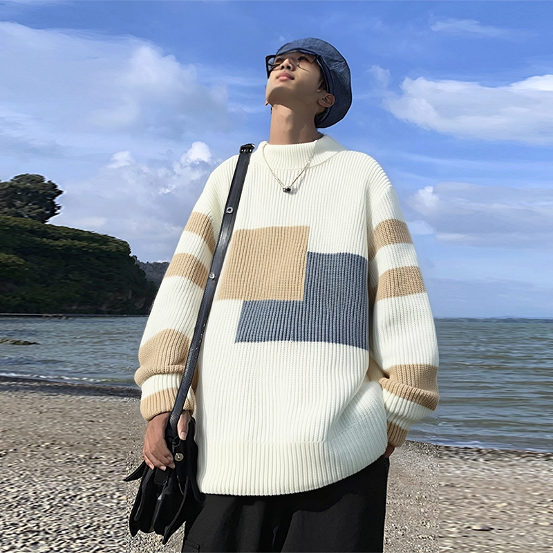 捷帕 美式复古时尚潮牌撞色拼接宽松大码圆领套头长袖上衣外穿内搭保暖舒适韩系港风针织衫 男女同款