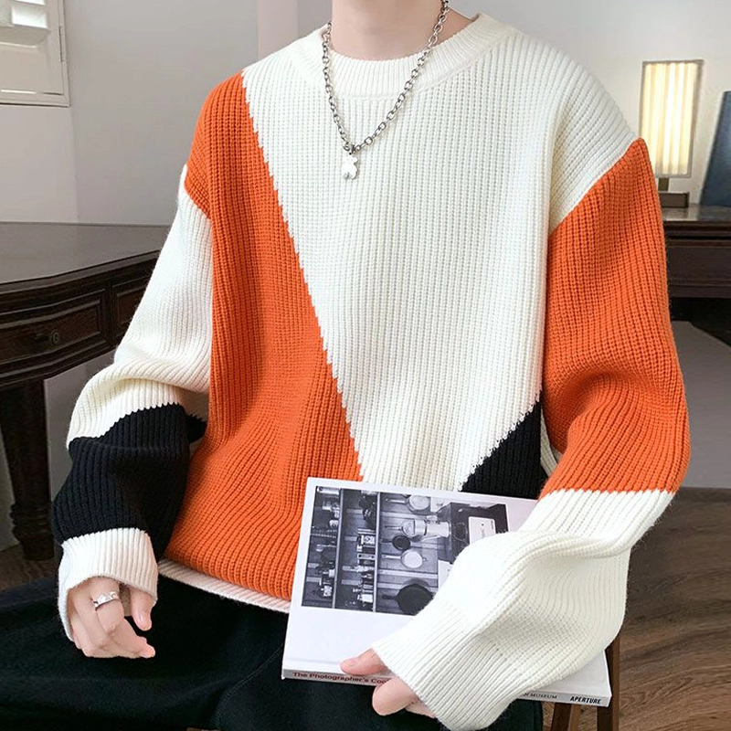 捷帕 韩系时尚潮流撞色拼接加厚保暖长袖毛衣圆领套头宽松大码打底衫学生青年休闲百搭针织衫 男女同款