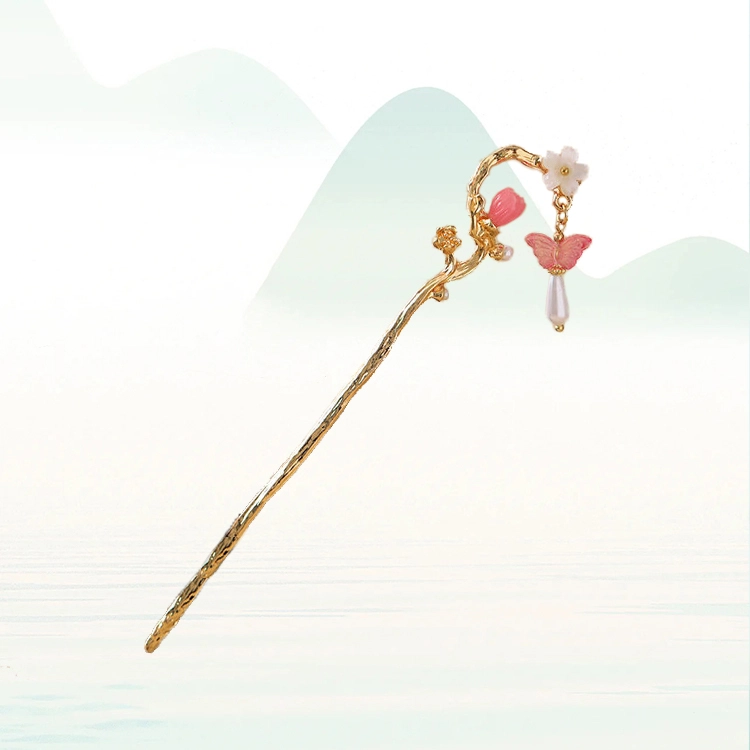 华髻 新中式桃花发簪女款古风发簪盘发百搭头饰金属汉服流苏簪子古装发饰头饰旗袍首饰品女